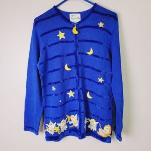 Quacker Factory blue angel moon and stars zip up sweater